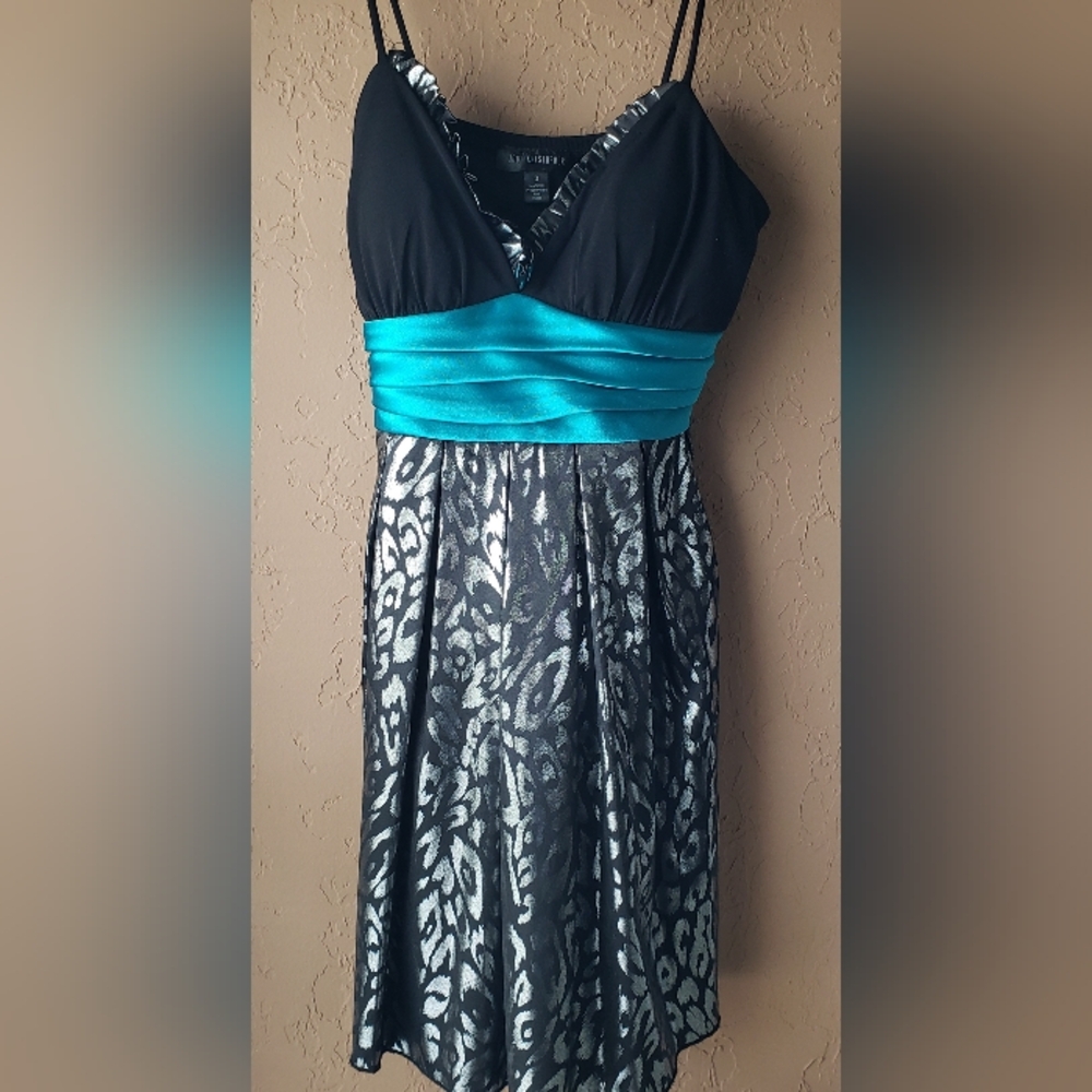 Jodi Kristopher Mini Dress Size 3 Black, Silver and Teal